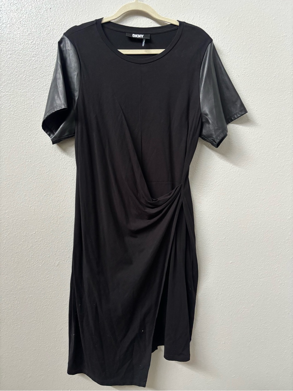 DKNY Black Draped Knit Dress with Faux-Leather Short Sleeves